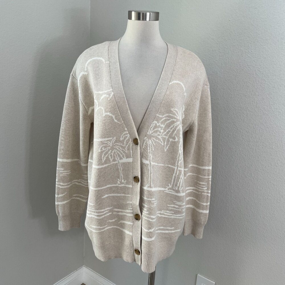 Lands End Womens Medium Beige‎ Cardigan Palm Tree Cotton Button Up Sweater
